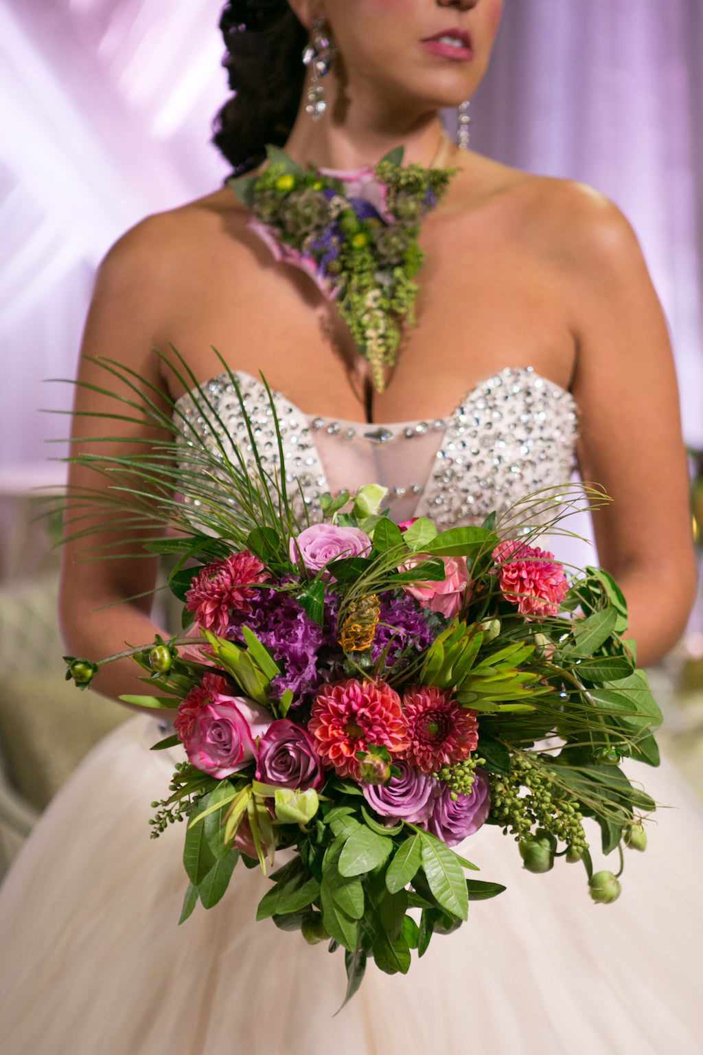 Tropical Wedding Bouquet with Greenery, Purple Roses and Pink Florals | Beaded Sweetheart Ballgown Wedding Dress from Tampa Bay Bridal Shop Truly Forever Bridal | Tampa Bay Wedding Photographer Carrie Wildes Photography