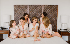 Bridal Party Getting Ready Portrait with Matching Tropical Blush Robes