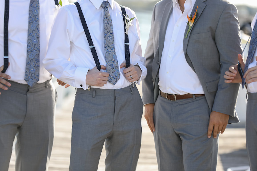 Groomsmen in Gray Groomsmen in Gray Suits with Suspenders and Paisley Ties with Exotic Floral Boutonnière | St Petersburg WeddingSuits with Suspenders and Paisley Ties | St Petersburg Wedding