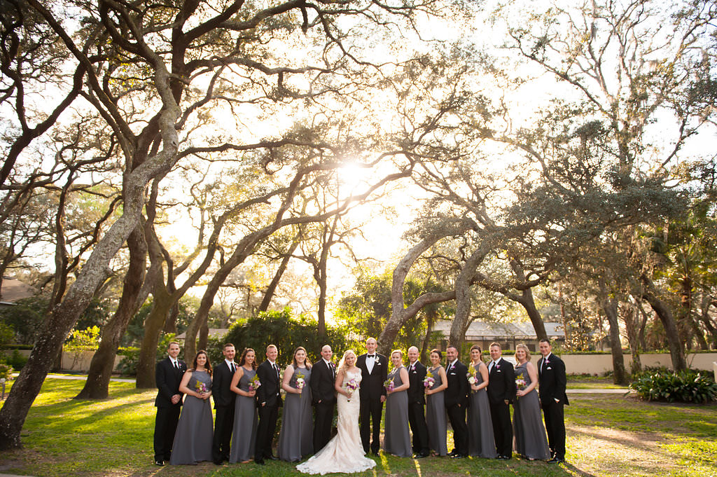 Outdoor Garden Wedding Party Portrait with Long Gray Alfred Angelo Bridesmaids Dresses | Tampa Bay Wedding Venue The Tampa Club