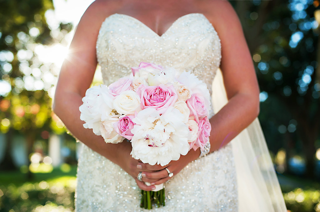 Outdoor Garden Bridal Portrait with Bouquet with PInk Roses and White Flowers