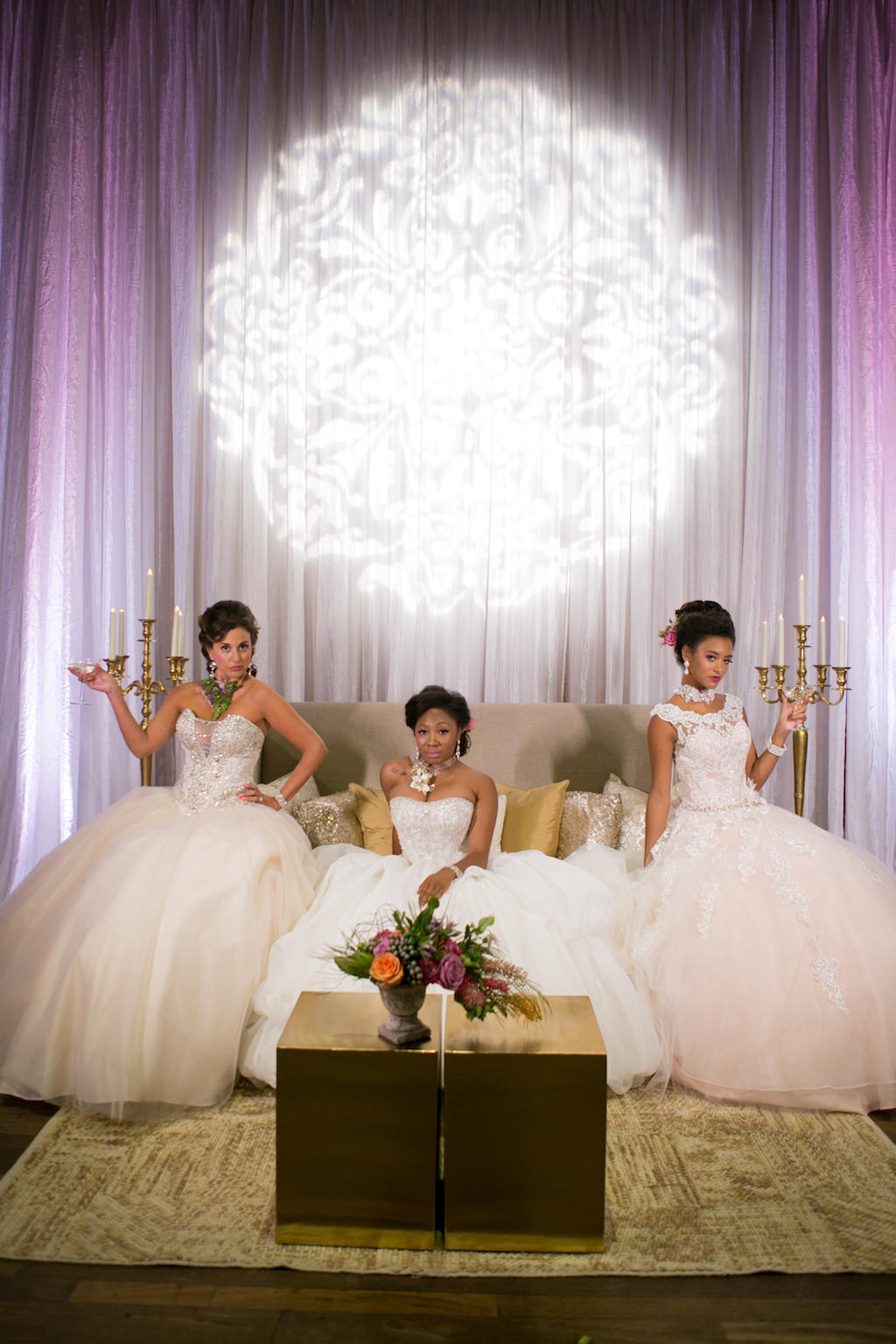 French Inspired Marie Antoinette Brides in Blush Ballgown Wedding Dresses with Tropical Florals and GOBO on Drapery | Tampa Bay Wedding Photographer Carrie Wildes Photography | Planner UNIQUE Weddings and Events | Dress Shop Truly Forever Bridal