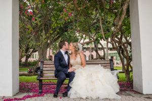 Outdoor Downtown St Pete Wedding Portrait with Gold Sequin Layered Ball Gown Wedding Dress and Navy Blue Suit | Tampa Bay Ceremony Venue North Straub Park