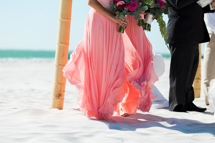Outdoor Beach Wedding Ceremony with Peach Chiffon Flowing Bridesmaids Dresses | Siesta Key Sarasota Wedding