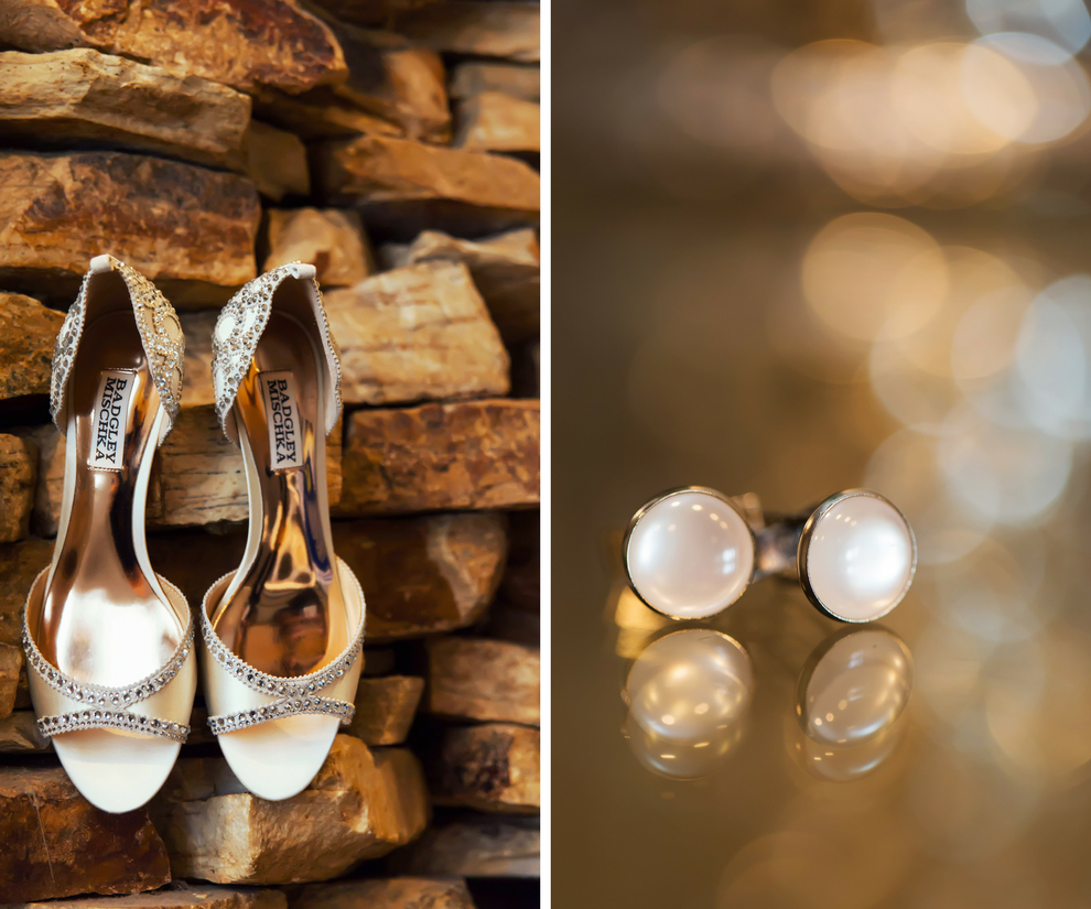 Badgley Mischka Rhinestone Open Toed Wedding Shoes and Groom's Pearl Cufflinks