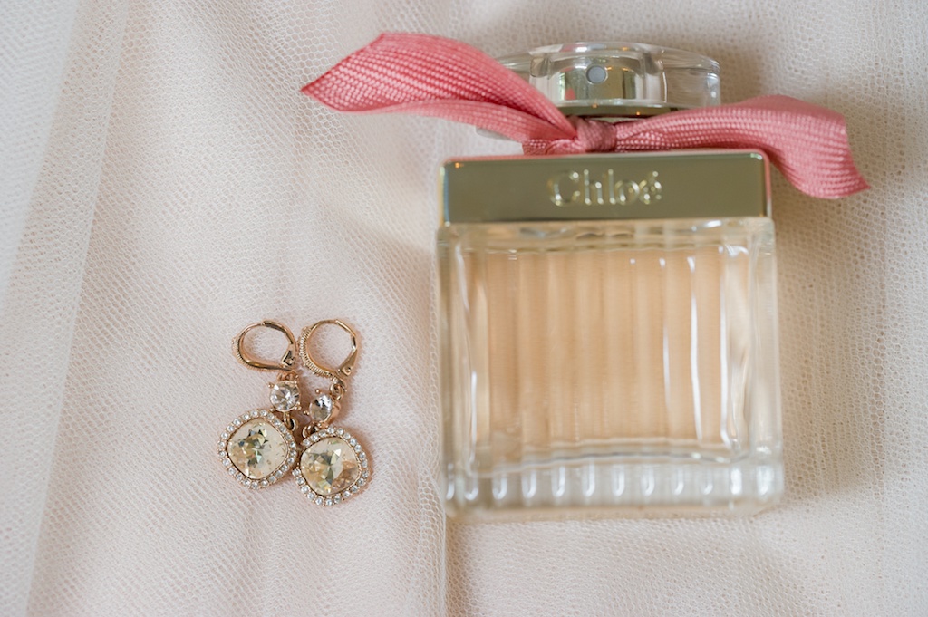 Bridal Accessories Wedding Details Photo with Gem Earrings and Chloe Perfume