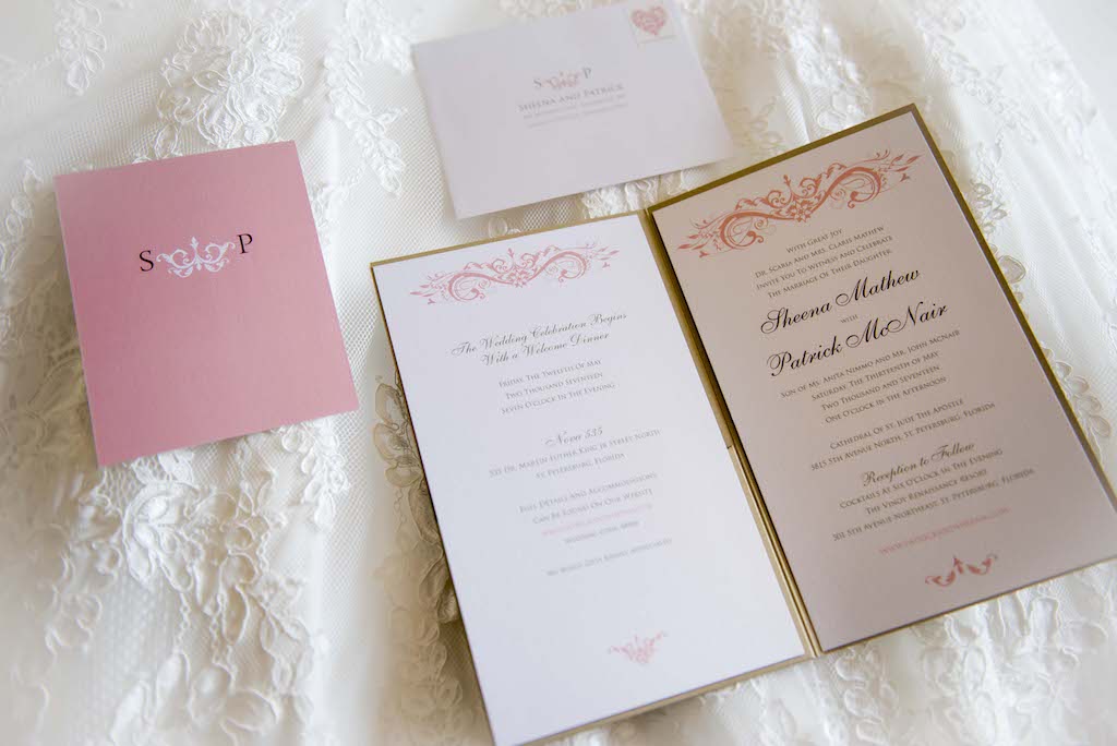 Elegant Pink, White, and Brown Paper Wedding Invitation Suite