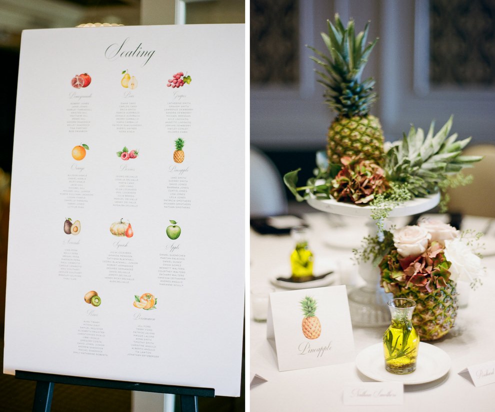 Natural Organic Wedding Reception with Tropical Pineapple Centerpiece and Herb Infused Olive Oil Decanters with Tropical Fruit and Vegetable Seating Chart and Fruit Table Markers | Downtown St Pete Wedding