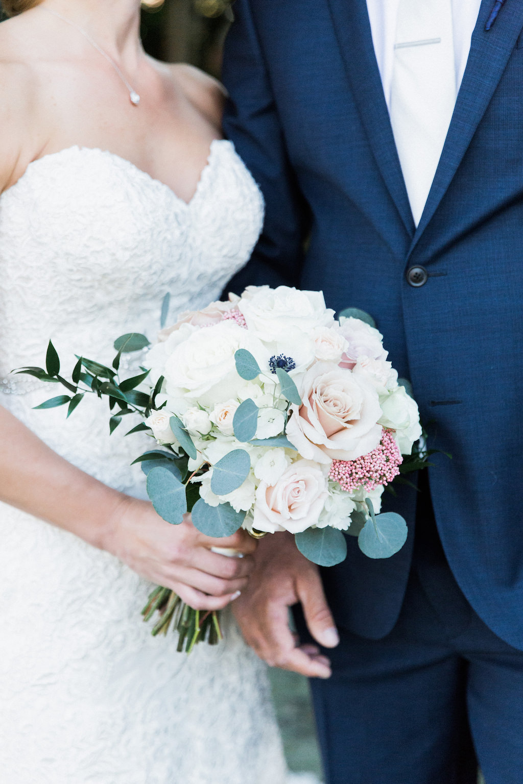 Outdoor Garden First Look Portrait with Blush and White Rose Bridal Bouquet with Greenery | Tampa Bay Wedding Venue The Vinoy Renaissance