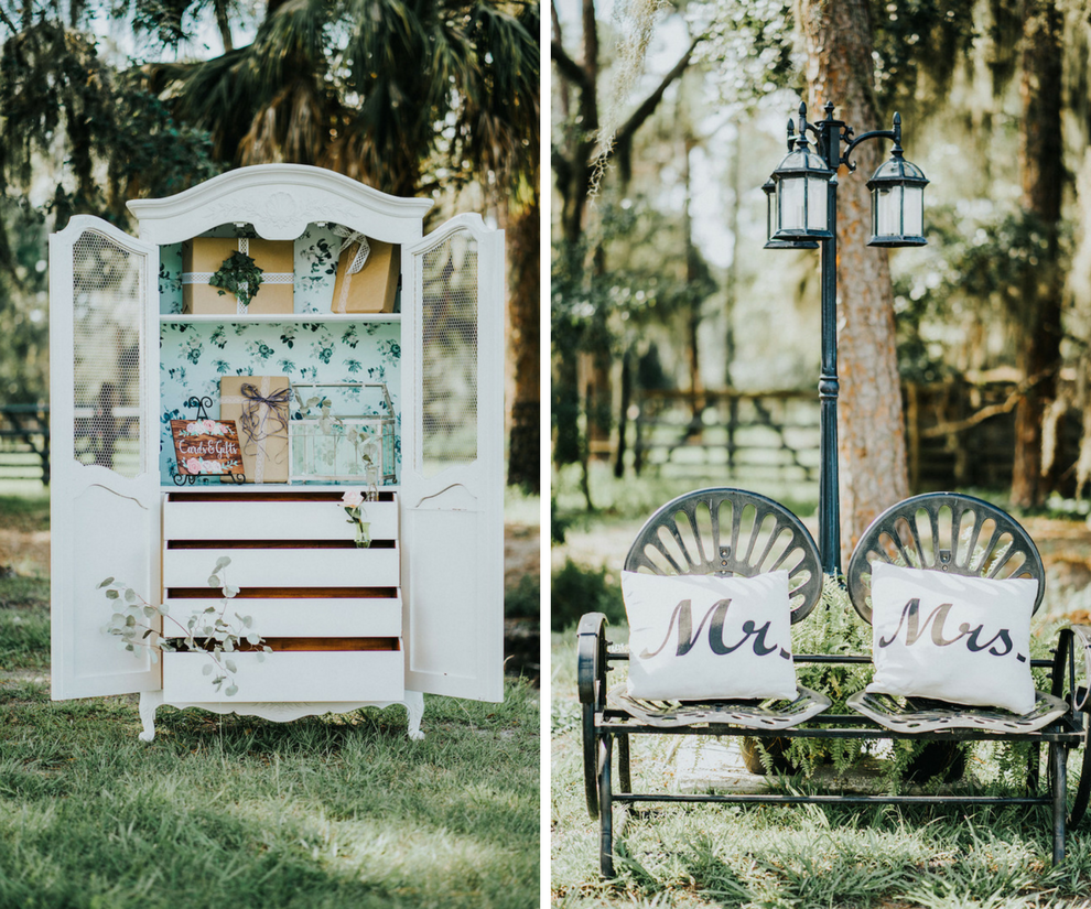 Outdoor Rustic Farm Wedding Reception Decor Vintage Furniture including Iron Bench with Mr and Mrs Pillow and Creative Armoire Gift Table | Rustic Vintage Sarasota Wedding Rentals Kelly Kennedy Weddings and Events