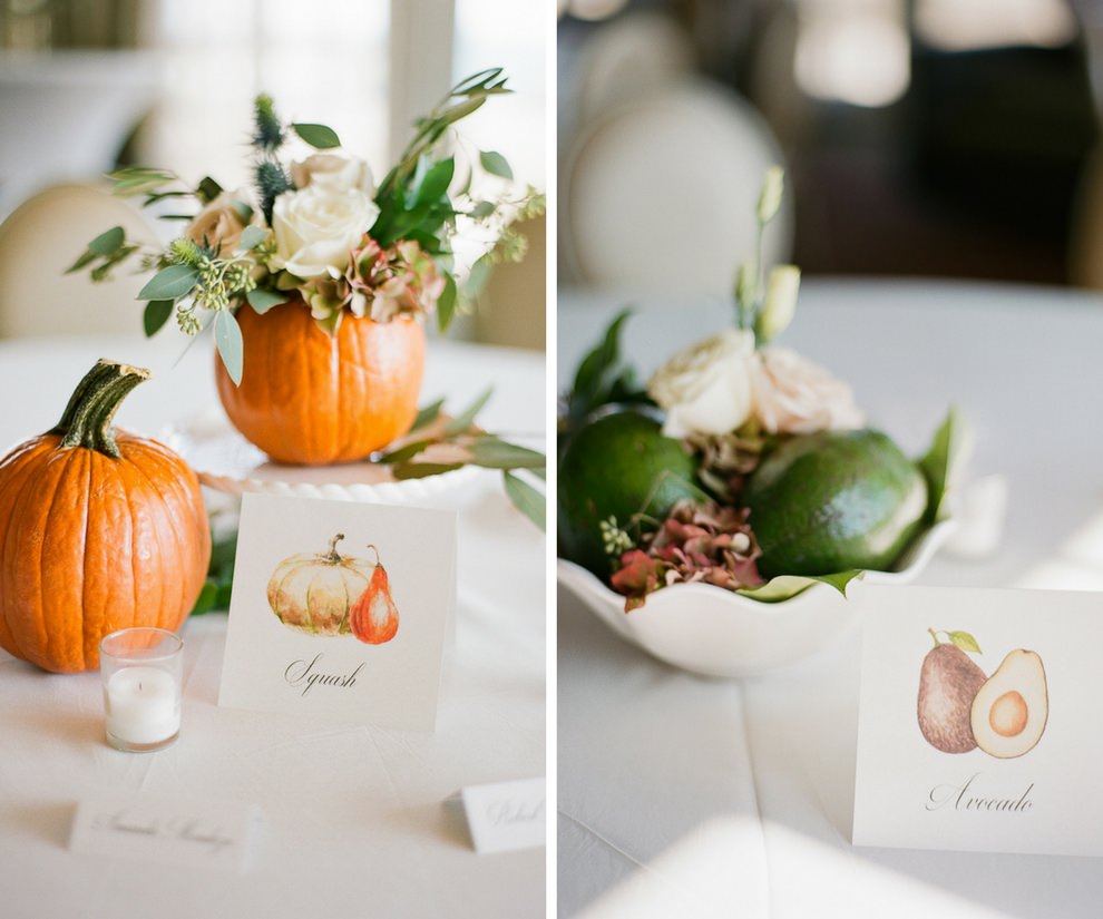 Natural and Organic Wedding Reception Pumpkin and White Rose with Greenery Centerpiece and Avocado Centerpiece | Fruit and Vegetable Table Markers | St Pete Wedding
