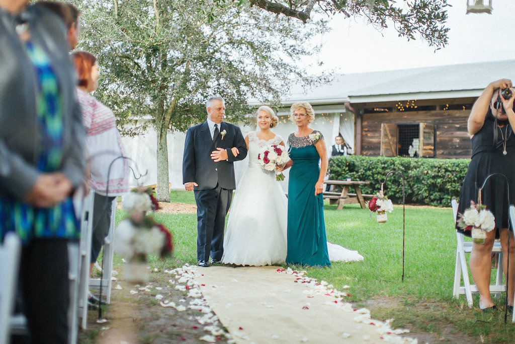 Outdoor Farm Wedding Ceremony Portrait with Red and White Rose Petal and Burlap Aisle