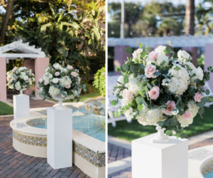 Large Floral Arrangements with Pink Roses and White Hydrangeas and Greenery on Pedestals | Tampa Bay Garden Wedding Ceremony Decor