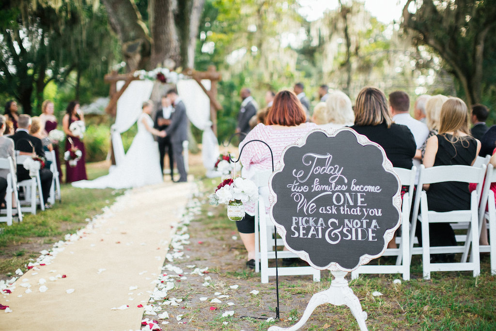 Vintage Chalkboard Welcome Sign for Rustic Outdoor Burgundy and Cream Wedding Ceremony | Tampa Bay Wedding Photographer Rad Red Creative