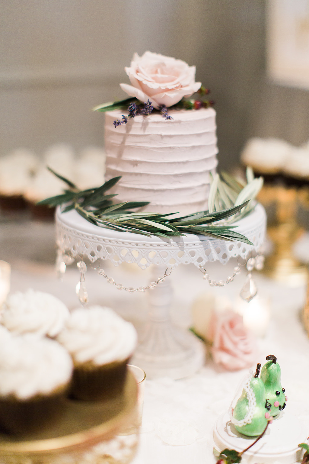 Natural Organic Inspired Small Single Tier Round Wedding Cake with Blush Rose Cake Topper and Fresh Rosemary and Pink Icing on White Jeweled Cake Stand | Tampa Bay Wedding