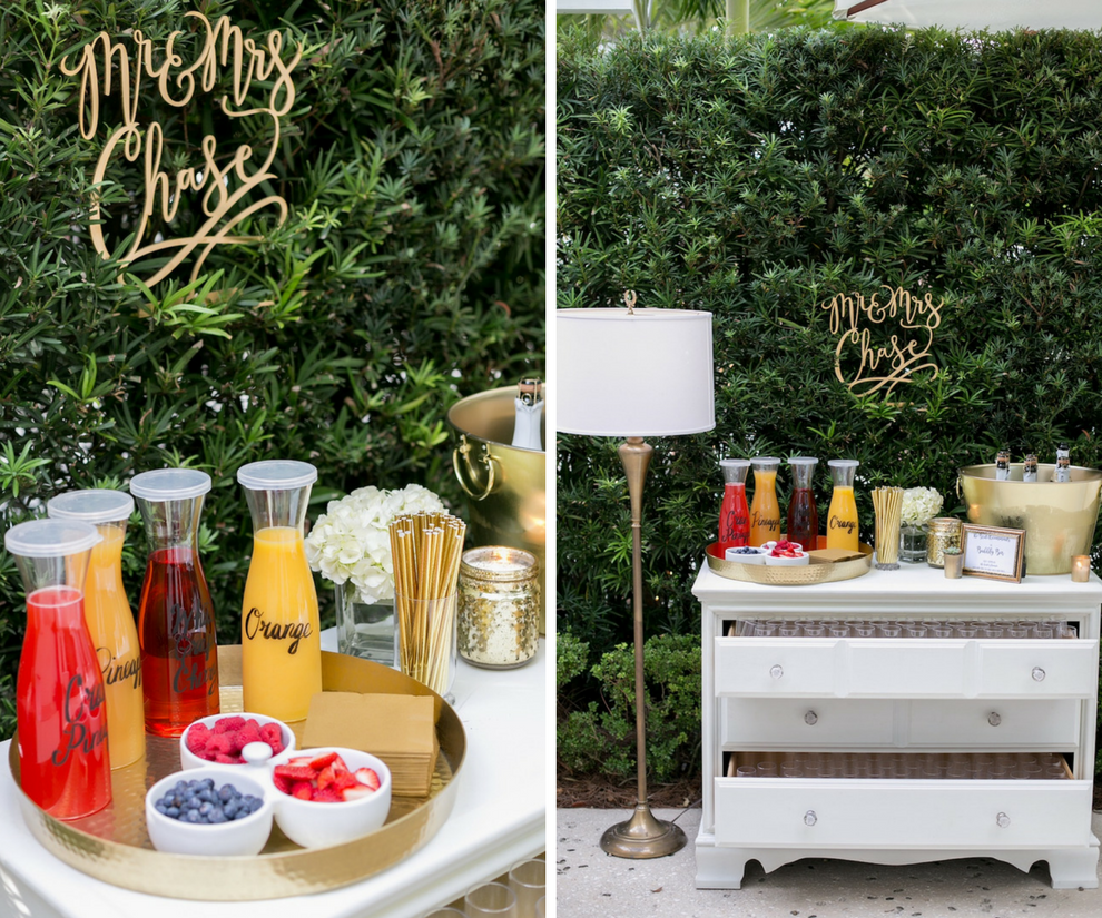 Mimosa Station with Stylish Mr and Mrs Letters on Vintage Dresser with Fruit | Tampa Bay Backyard Wedding