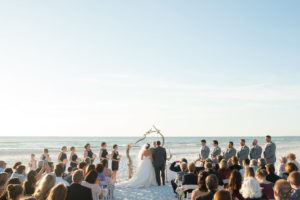 St Pete Beach Wedding Ceremony Portrait with Natural Driftwood Arch, Groomsmen in Gray and Bridesmaids in Navy