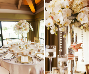 Gold Blush and Champagne Wedding Reception Table with Tall Centerpiece in Clear Glass Cylinder Vase with White Orchids and Hanging Jewel Beads and Long Stemed Floating Votive Candle Holders | Tampa Bay Wedding Venue Countryside Country Club