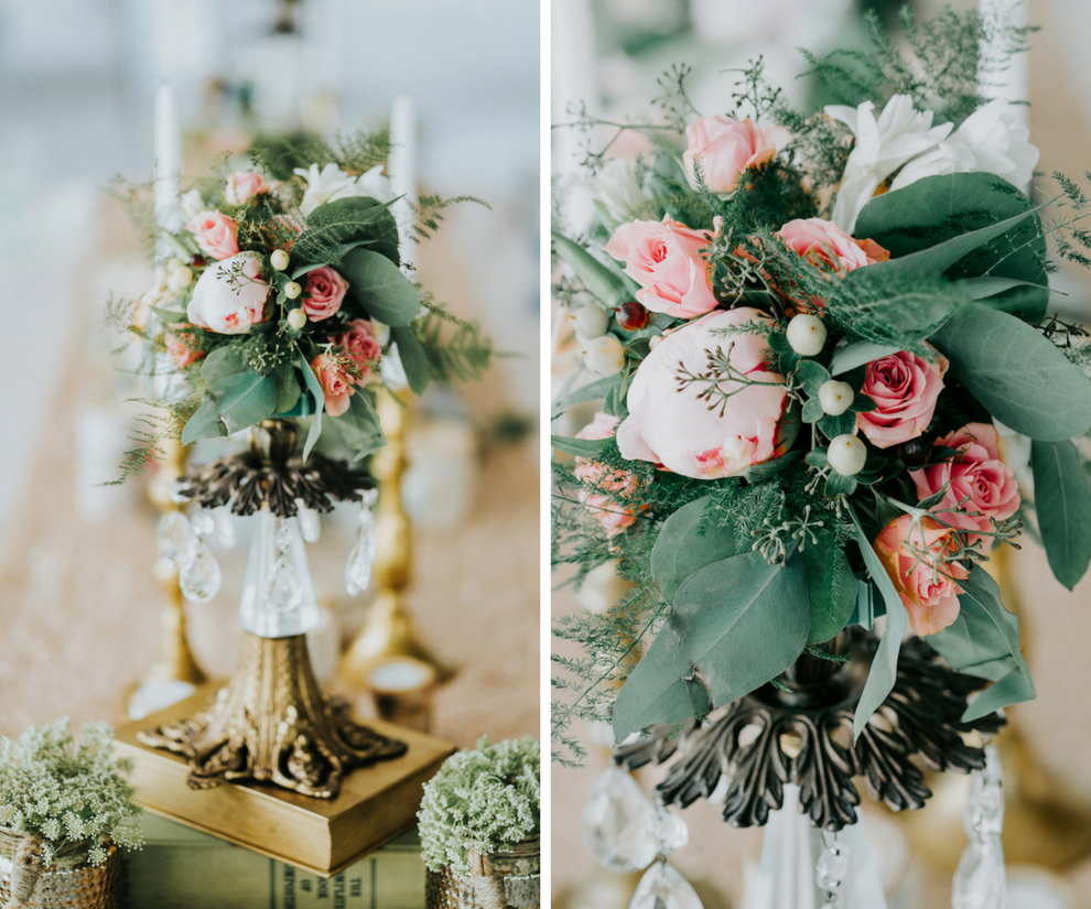Rustic Vintage Wedding Reception Decor Pink and Blush Rose Centerpiece with Greenery in Antique Brass and Chrystal Vases