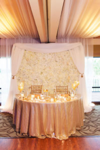 Gold Blush and Champagne Wedding Reception Bride and Groom Table with Floral Wall Backdrop with Drapery and Gold Votive Candleholders and Glittering Rose Gold Linen