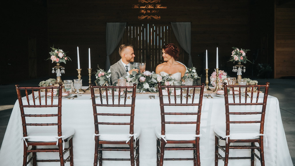 Elegant Rustic Barn Wedding Reception Decor with Chrystal and Brass Antique Vase Centerpiece with Pink Roses and Greenery, Mercury Vases with Succulents, Gold Candlestick Holders, and Blush Linen Runner, Wooden Chiavari Chairs | Tampa Bay Florida Wedding Coordinator Kelly Kennedy Weddings and Events