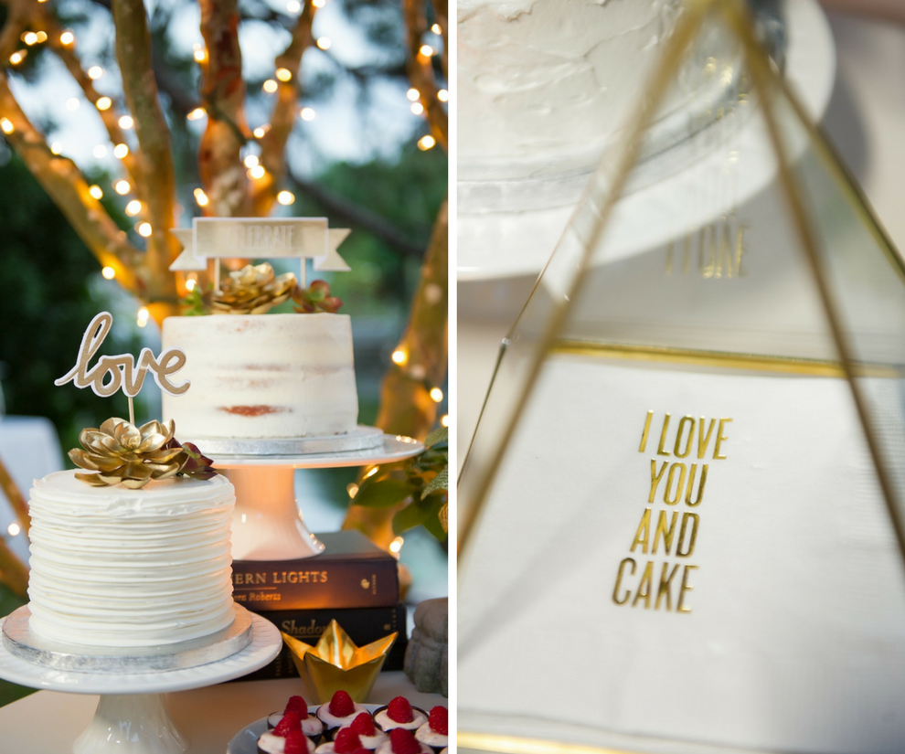 Outdoor Garden Wedding Reception Dessert Table Round One Tier White Wedding Cake with Gold Succulent Cake Topper, Dessert Trays, Old Books, String Lights, and I Love You and Cake Funny Napkins