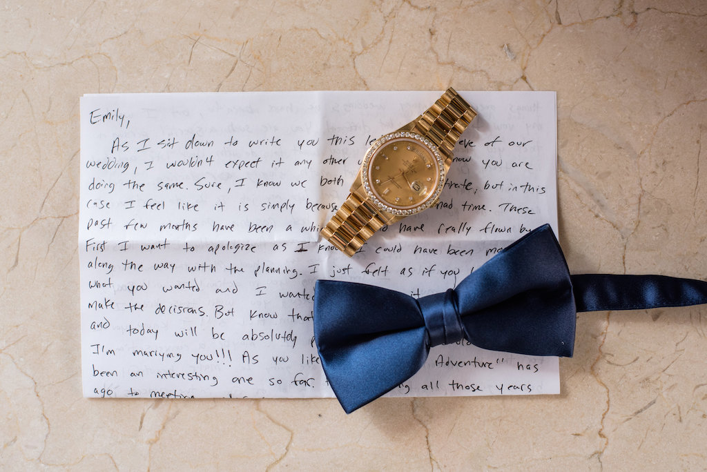 Groom Details Photo with Letter to Bride and Blue Silk Bow TIe and Gold Watch