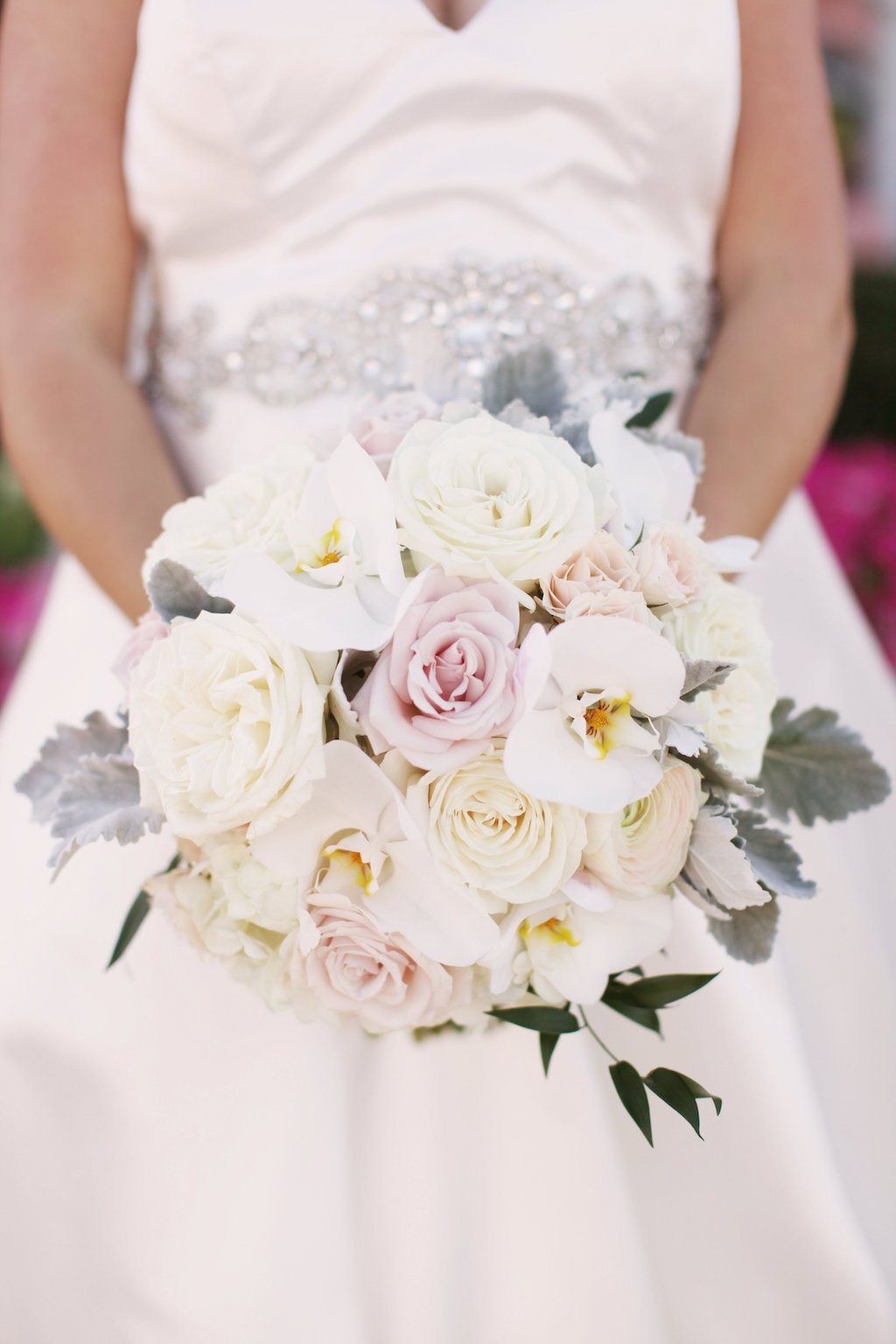 White Orchid, Cream and Blush Rose and Greenery Wedding Bouquet