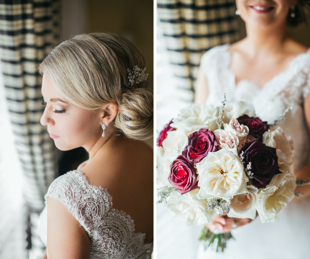 Bride Getting Ready Portrait wearing Lace V Neck Wedding Dress with Cream, Red, and Burgundy Rose Bouquet | Tampa Bay Wedding Photographer Rad Red Creative