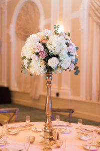 Tall Pink and White Centerpiece with Greenery in Gold Vase