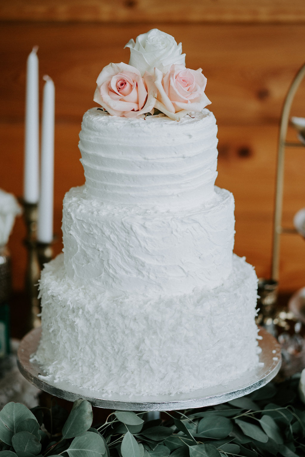 Three Tiered Round White Wedding Cake with Blush Rose Cake Topper and Simple Silver Cake Tray