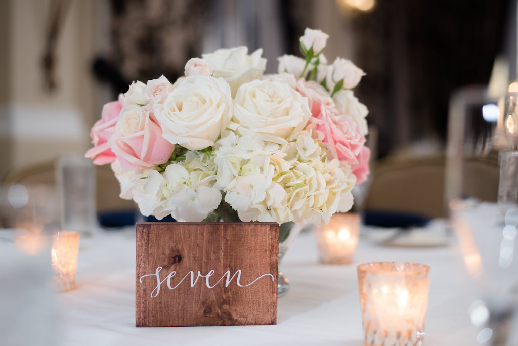 Elegant Wedding Reception Blush and Pink Rose with White Hydrangea Small Table Centerpiece with Rustic Hand-painted Wood Table Number
