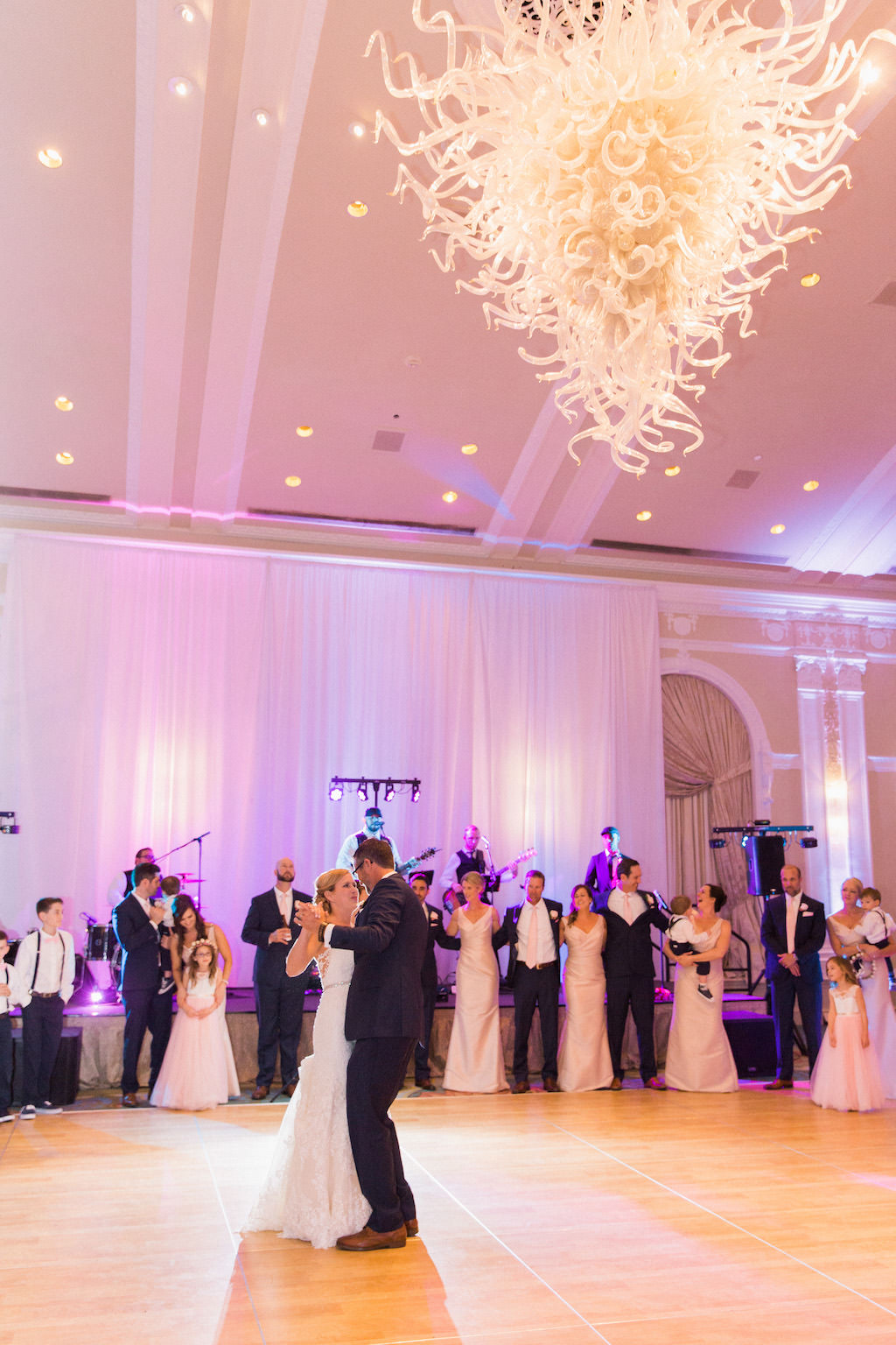 First Dance Portrait with Art Glass Chandelier in Tampa Bay Hotel Ballroom Wedding Venue The Vinoy Renaissance