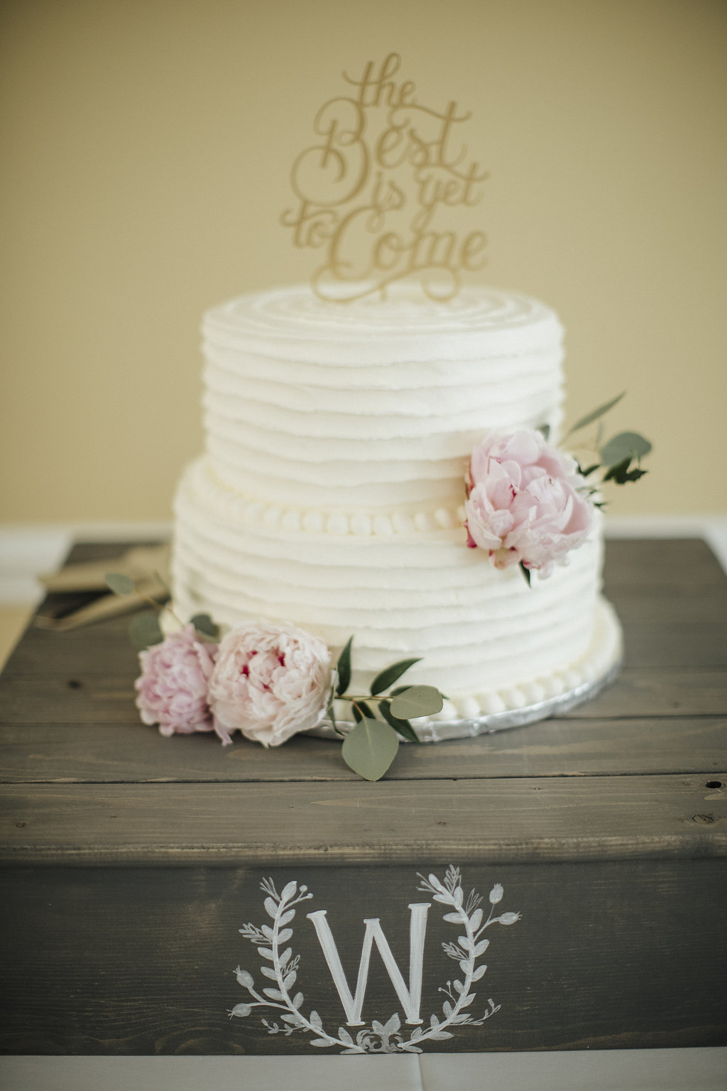 Two-Tier Round White Wedding Cake | Vintage Wedding Cake with Blue Pink Peony Accents and Laser Cut Cake Topper