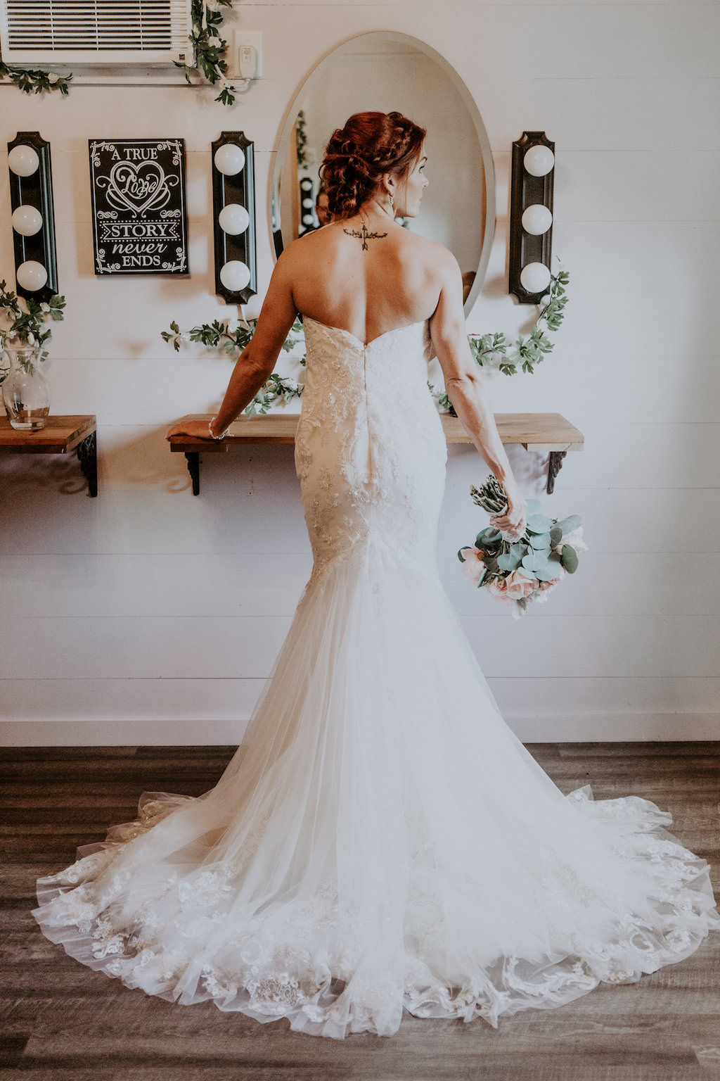 Bride Getting Ready Portrait with Blush Bouquet with Greenery