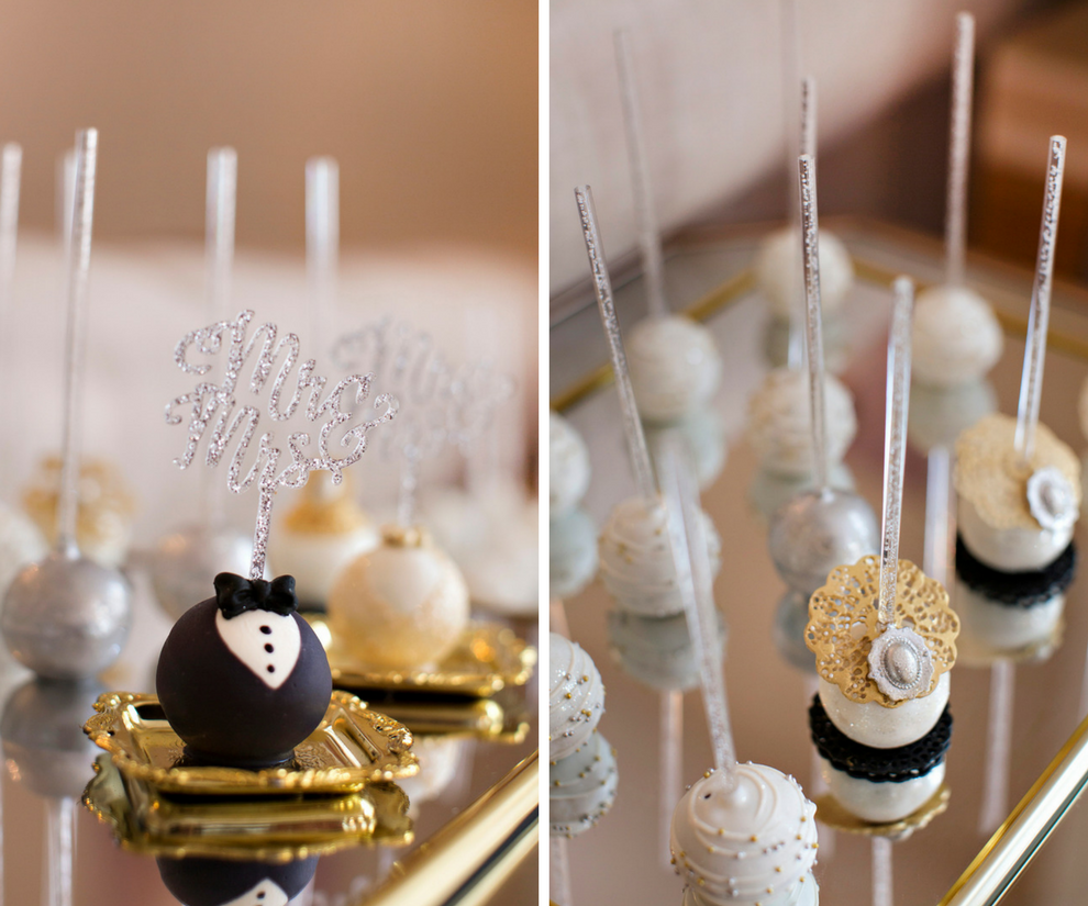Silver and Gold and Groom Tuxedo Cake Pops | Tampa Bay Wedding Dessert Favors Pop Goes the Party