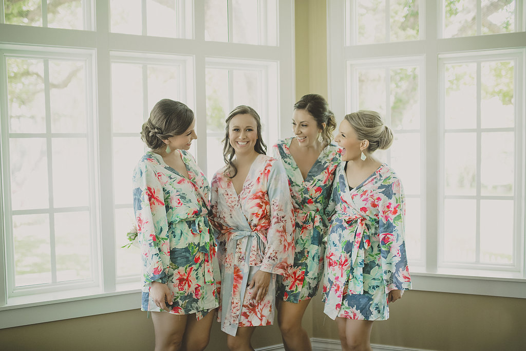 Bridal Party Getting Ready Portrait with Tropical Floral Silk Robes