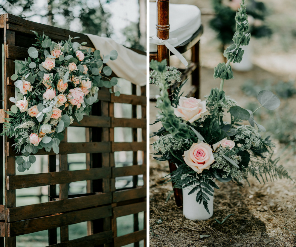 Rustic Blush Wedding Ceremony Decor with Rose and Fern Greenery Flowers, Wooden Pallet Ceremony Backdrop with White Drapery