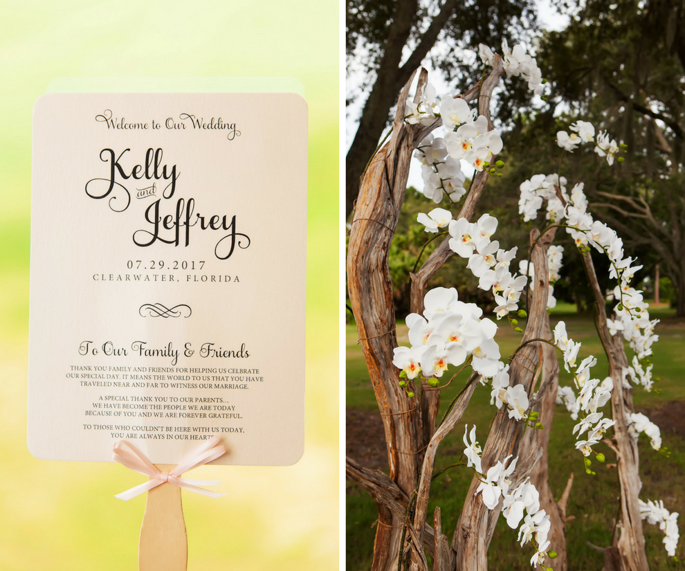 Outdoor Wedding Ceremony Program Paper Fan Favor with Bow and White Orchid Ceremony Arch