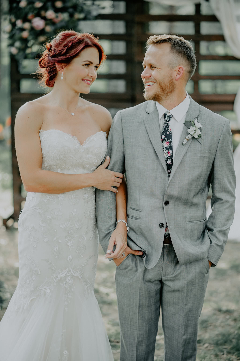 Rustic Farm Wedding Portrait with Gray Suit, Floral TIe and White Boutonniere