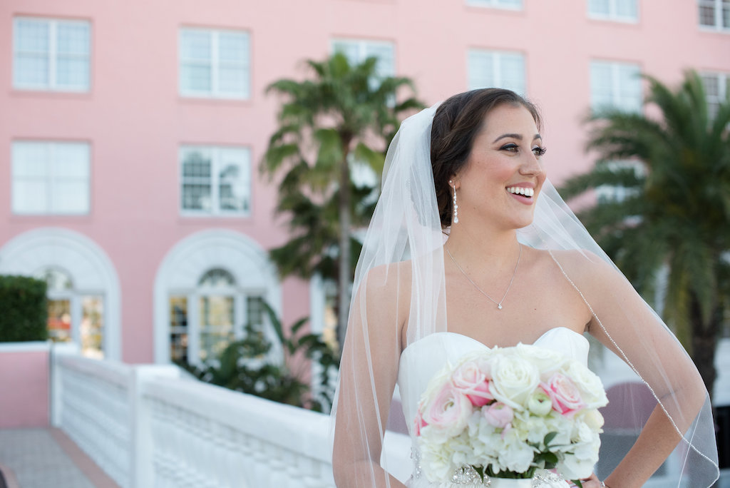 Outdoor Bridal Portrait with White and Pink Rose Bouquet outside St Petersburg Wedding Venue The Don Cesar | Tampa Bay Wedding Photographer Caroline and Evan Photography