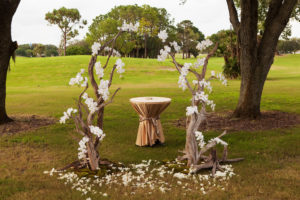Driftwood Ceremony Arch with White Orchids and Gold Linen Draped Table | Clearwater Garden Wedding Venue Countryside Country Club