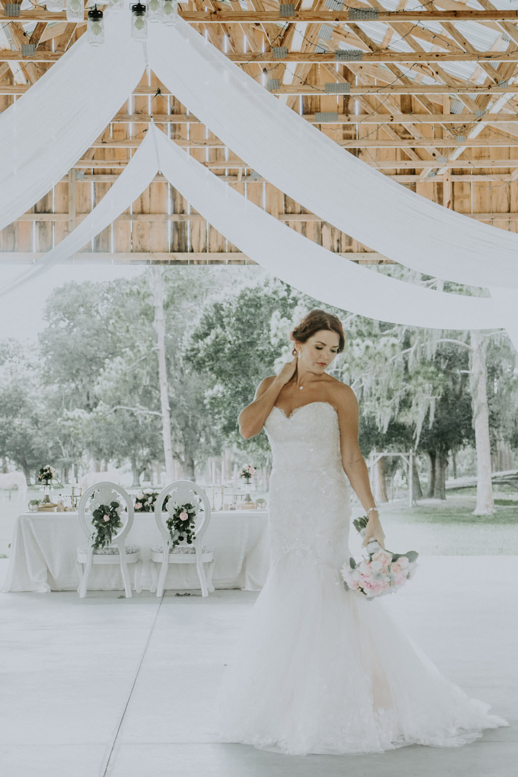 Elegant Rustic Barn Wedding Reception with White Chairs and Linens, White Drapery | Tampa Bay Wedding Planner Kelly Kennedy Weddings and Events