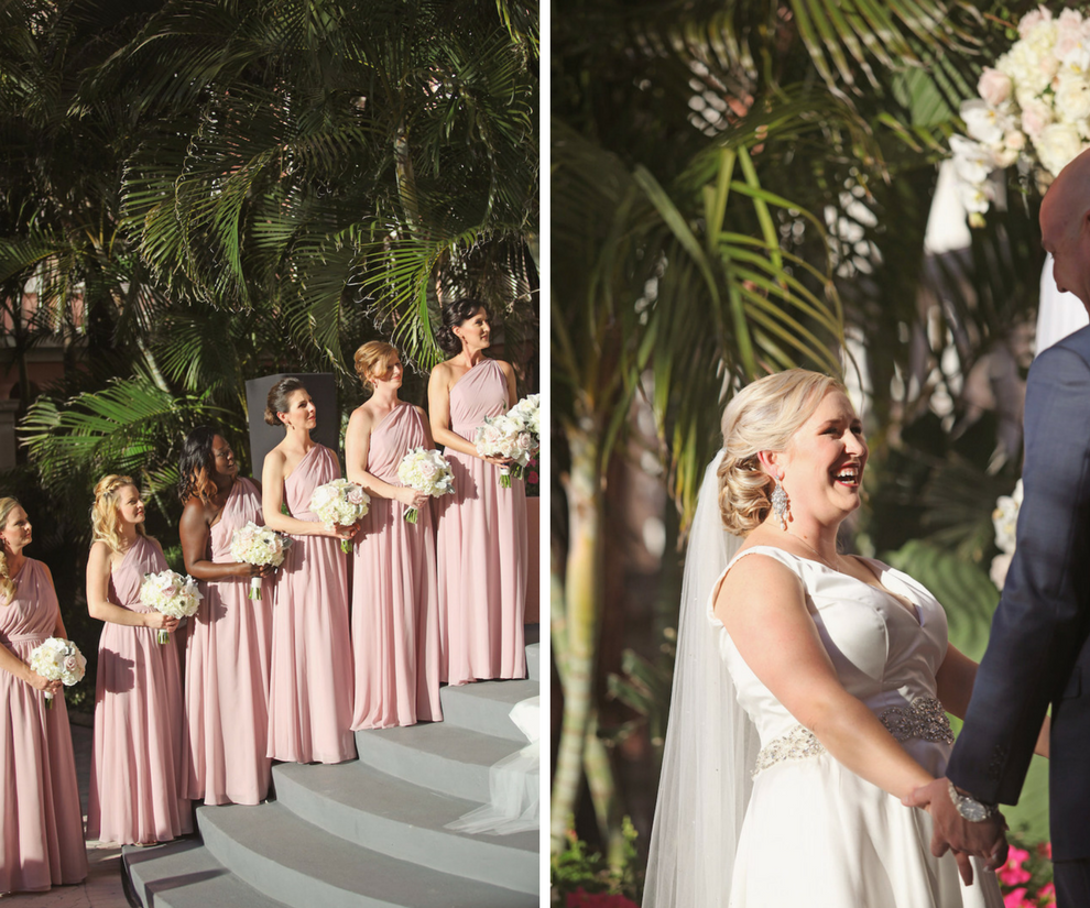 Outdoor Garden Wedding Ceremony Portrait with Bridesmaids in Asymmetrical Floor Length Lilac Purple Dresses with White Floral Bouquets