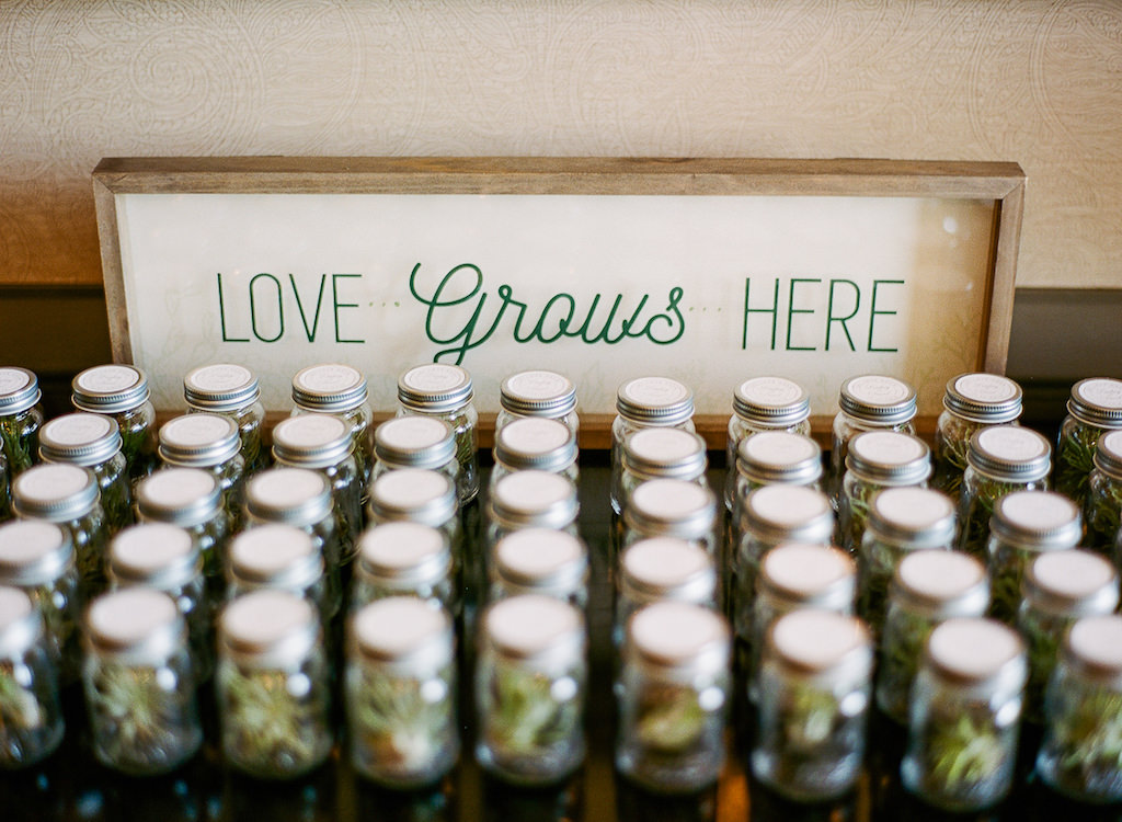 Natural Organic Wedding Reception Favors Seedlings in Jars with Love Grows Here Vintage Inspired Sign | Tampa Bay Wedding