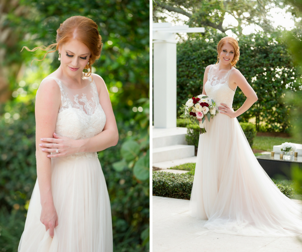 Outdoor Garden Bridal Portrait in Lace Princess Blush Wedding Dress with White, Pink, and Red Rose Bouquet with Greenery | Tampa Bay Wedding Photographer Andi Diamond Photography | Hair and Makeup Michele Renee The Studio