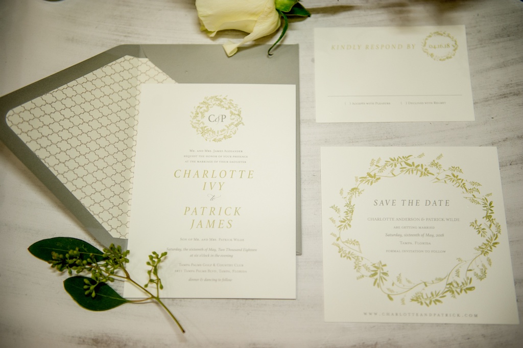 Green Organic Floral Wreath Design Wedding Invitation Suite with Gray Envelope | Tampa Bay Wedding Invitation Boutique A&P Designs
