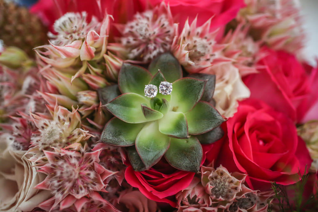 Bridal Stud Diamond Earrings on Succulent and Red Rose Wedding Bouquet