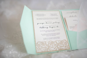 Tiffany Blue Sage Green and Gold Glitter Cut-Out Rose Design Wedding Invitation Suite | Vietnamese Inspired Tampa Bay Wedding