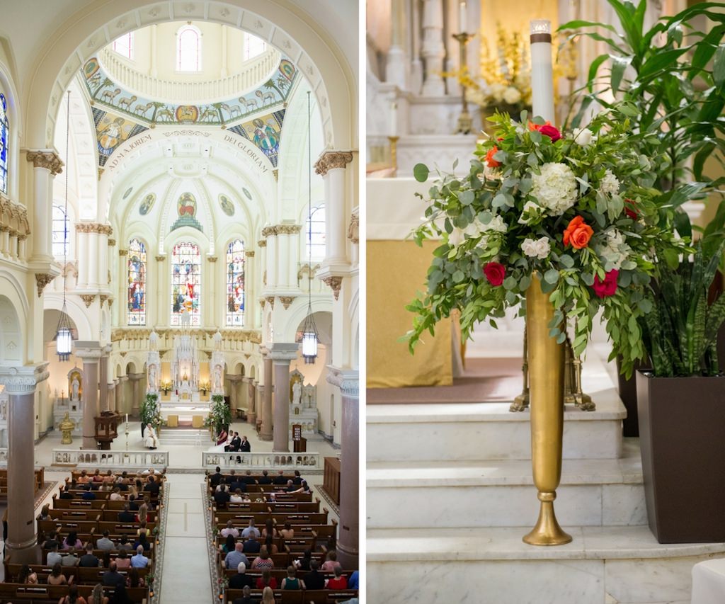 Downtown Tampa Traditional Church Wedding Ceremony Sacred Heart Catholic Church | Tall Peach Rose and White Hydrangea with Natural Greenery Florals in Tall Gold Vase